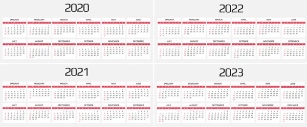 Kalender 2020, 2021, 2022, 2023 Vorlage. 12 Monate. Dazu gehören auch Ferienveranstaltungen. Woche beginnt am Sonntag — Stockvektor