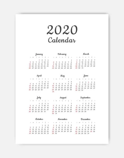 Plantilla Calendario 2020. 12 meses. incluir evento de vacaciones. Semana comienza el domingo — Archivo Imágenes Vectoriales