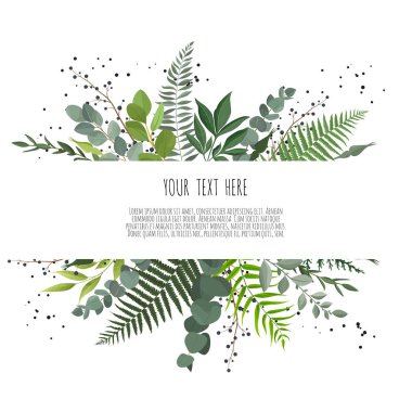 Yatay botanik vektör tasarım afiş. Pembe gül, okaliptüs, succulents, çiçekler, yeşillik. Doğal kaynak kartı veya çerçeve.