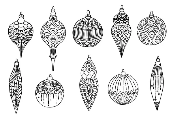 Conjunto de bolas desenhadas à mão de Natal. Isolado em fundo branco. Ilustração vetorial —  Vetores de Stock