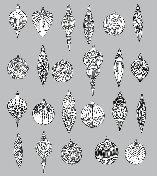 Conjunto de bolas desenhadas à mão de Natal. Isolado em fundo branco. Ilustração vetorial —  Vetores de Stock