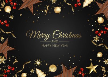 Mutlu Noeller ve mutlu yeni yıl. Xmas hediye kutusu, kar taneleri ve topları tasarımı ile arka plan.