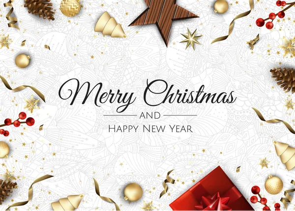 Frohe Weihnachten und ein gutes neues Jahr. Weihnachten Hintergrund mit Geschenkbox, Schneeflocken und Kugeln Design. — Stockvektor