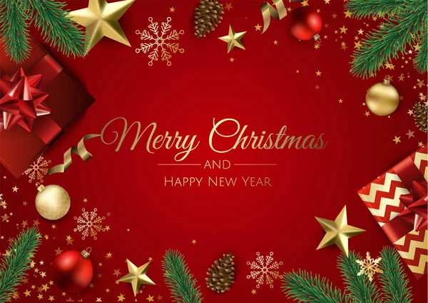 メリー クリスマスと新年あけましておめでとうございます。クリスマス ギフト ボックス、雪とボールのデザインと背景. — ストックベクタ