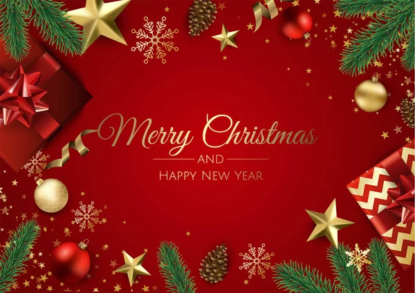 Mutlu Noeller ve mutlu yeni yıl. Xmas hediye kutusu, kar taneleri ve topları tasarımı ile arka plan.