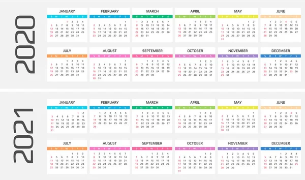 Календарь 2020 и 2021. 12 месяцев. Включить праздник — стоковый вектор