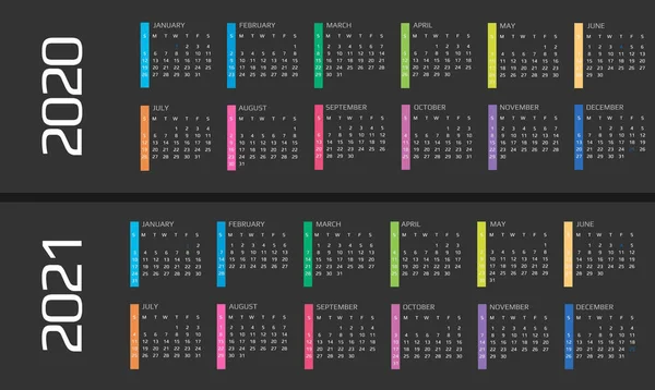 Modelo de calendário 2020 e 2021. 12 meses. incluem evento de férias — Vetor de Stock