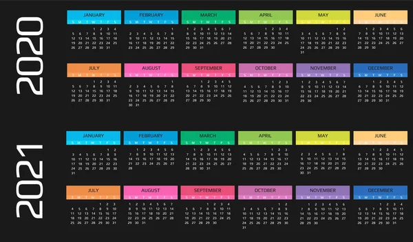 달력 2020 및 2021 템플릿. 12 개월. 휴일 이벤트 포함 — 스톡 벡터