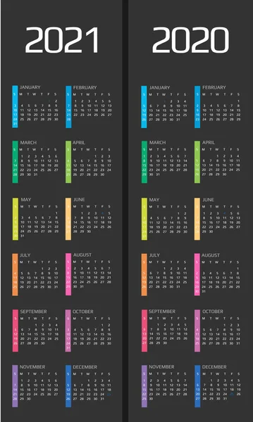Plantilla Calendario 2020 y 2021. 12 meses. incluyen evento de vacaciones — Vector de stock