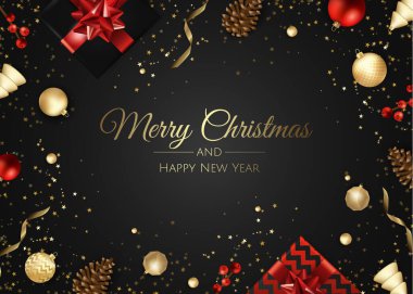 Mutlu Noeller ve mutlu yeni yıl. Xmas hediye kutusu, kar taneleri ve topları tasarımı ile arka plan.