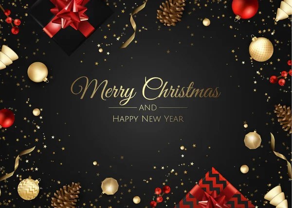 メリー クリスマスと新年あけましておめでとうございます。クリスマス ギフト ボックス、雪とボールのデザインと背景. — ストックベクタ