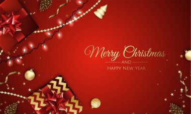 Mutlu Noeller ve mutlu yeni yıl. Xmas hediye kutusu, kar taneleri ve topları tasarımı ile arka plan.