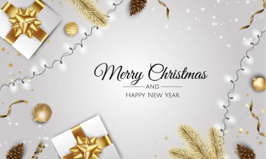 Mutlu Noeller ve mutlu yeni yıl. Xmas hediye kutusu, kar taneleri ve topları tasarımı ile arka plan.