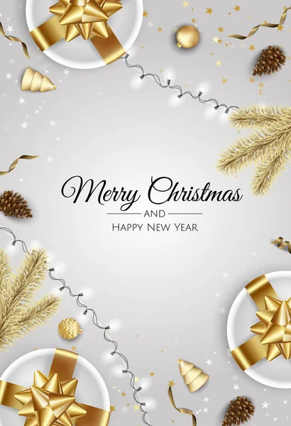Buon Natale e felice anno nuovo. Sfondo natalizio con confezione regalo, fiocchi di neve e palline di design . — Vettoriale Stock