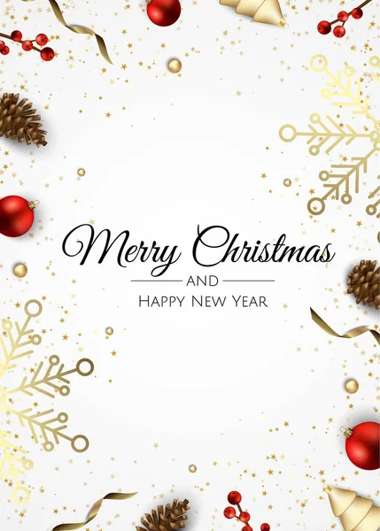 Frohe Weihnachten und ein gutes neues Jahr. festliche Hintergrundkomposition von oben. Dekoration Geschenkbox, Weihnachtskugeln, dekorative Schneeflocke. — Stockvektor