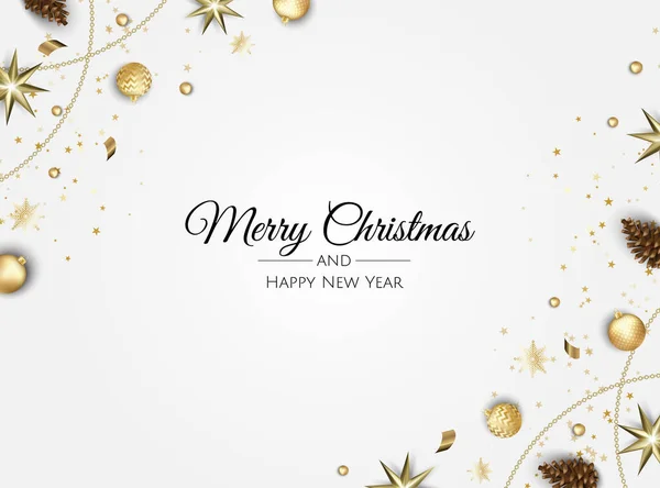 Karácsonyi üdvözlőlap szellemesség karácsonyfa dekorációk, fenyő ágak, labdák, csillagok és hó — Stock Vector