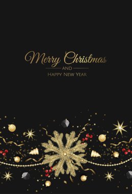 Noel ağacı süslemeleri, çam dalları, balolar, yıldızlar ve karlı Noel tebrik kartı.