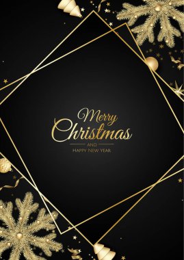 Noel ağacı süslemeleri, çam dalları, balolar, yıldızlar ve karlı Noel tebrik kartı.