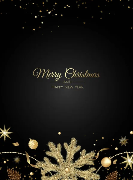 Cartão de felicitações de Natal com Decorações de Árvore de Natal, Ramos de Pinheiro, bolas, estrelas e neve . —  Vetores de Stock