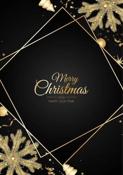Karácsonyi üdvözlőlap karácsonyfadíszítésekkel, fenyőágakkal, labdákkal, csillagokkal és havazással. — Stock Vector