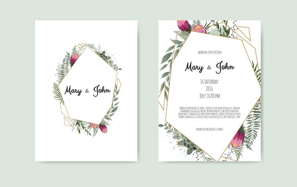 Botanische Hochzeitseinladungskarte Vorlage Design, weiße und rosa Blumen auf weißem Hintergrund. — Stockvektor