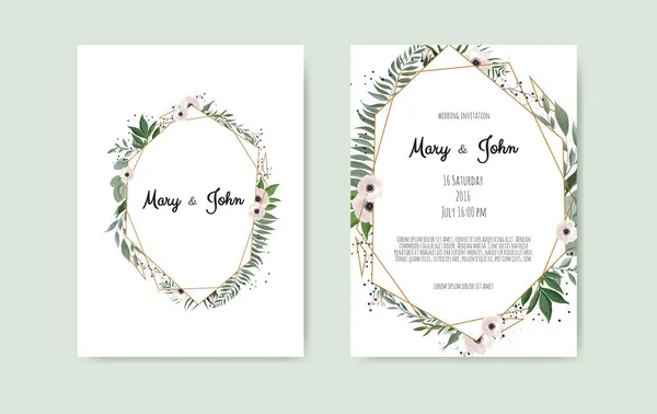 Diseño de la plantilla de tarjeta de invitación de boda botánica, flores blancas y rosas sobre fondo blanco. — Vector de stock