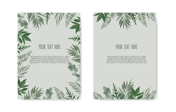 Kartenset Mit Blättern Hochzeitsschmuck Konzept Florales Plakat Einladen Vector Dekorative — Stockvektor