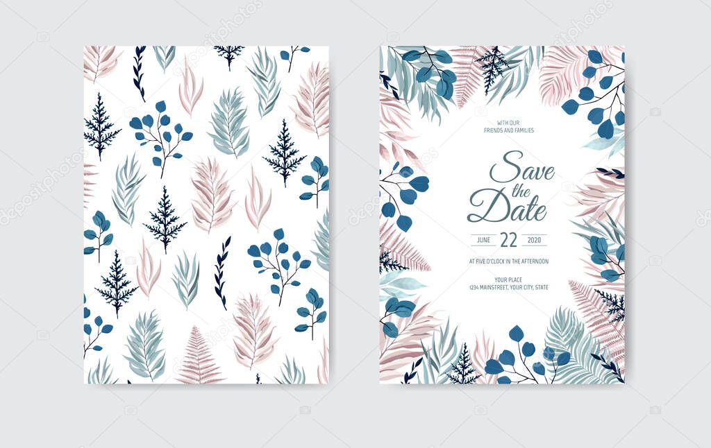 Botanical wedding invitation card template design, white and blue and pink leaves on white background.