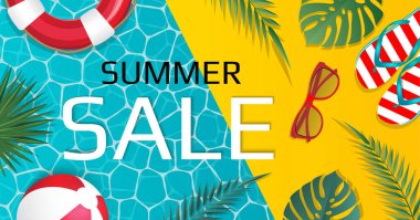 Pankartlar, duvar kağıtları, el ilanları, posterler, broşürler, indirimler için yaz indirimi planı. Vektör illüstrasyon şablonu.