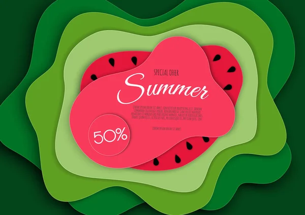 Zomer verkoop banner ontwerp met papier gesneden watermeloen bovenaanzicht achtergrond. Vectorillustratie — Stockvector