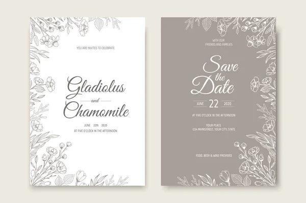 Design modello di biglietto d'invito di nozze. Modello, cornice con fiori, rami, piante. — Vettoriale Stock
