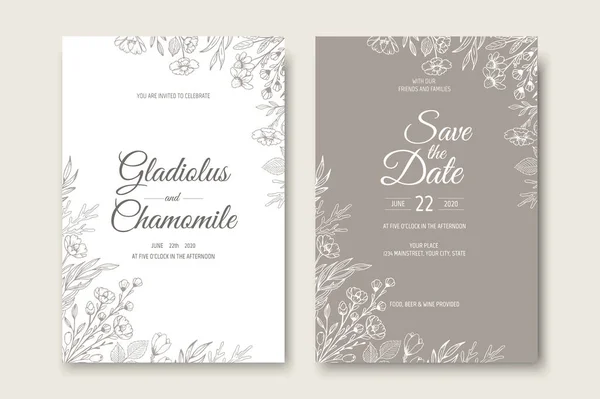 Diseño de plantilla de tarjeta de invitación de boda. Plantilla, Marco con Flores, Ramas, Plantas . — Vector de stock