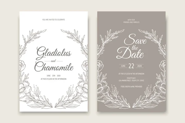 Diseño de plantilla de tarjeta de invitación de boda. Plantilla, Marco con Flores, Ramas, Plantas . — Vector de stock