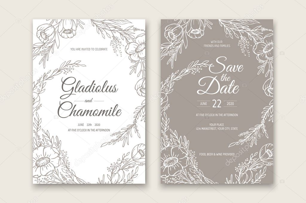 Wedding invitation card template design. Template, Frame with Flowers, Branches, Plants.