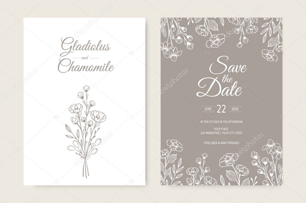 Wedding invitation card template design. Template, Frame with Flowers, Branches, Plants.