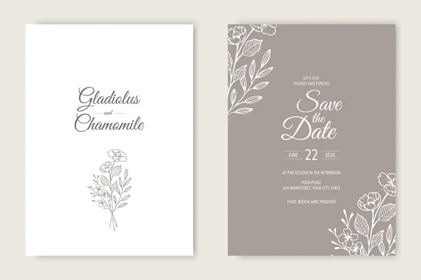 Diseño de plantilla de tarjeta de invitación de boda. Plantilla, Marco con Flores, Ramas, Plantas . — Vector de stock