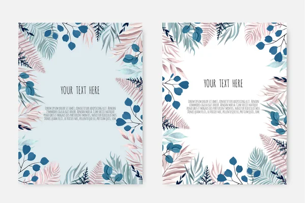 Set de tarjeta de diseño floral Vector. Saludo, plantilla de invitación de boda postal. Marco elegante con hojas azules y rosadas . — Archivo Imágenes Vectoriales