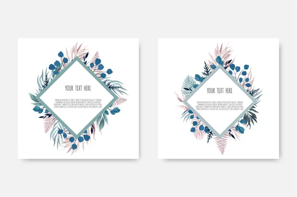 Set de tarjeta de diseño floral Vector. Saludo, plantilla de invitación de boda postal. Marco elegante con hojas azules y rosadas . — Archivo Imágenes Vectoriales