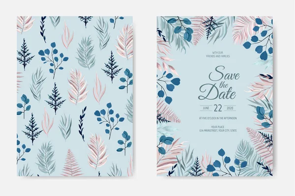 Diseño de la plantilla de tarjeta de invitación de boda botánica, hojas blancas y azules y rosadas sobre fondo blanco . — Archivo Imágenes Vectoriales