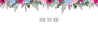 Horisontal botanik vektör tasarım pankartı. Okaliptüs, sulu bitkiler, çiçekler, yeşillik. Doğal bahar kartı veya çerçeve.
