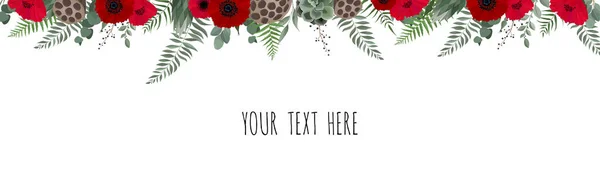 Horisontal botanical vector design banner. 유칼리나무, 석류나무, 꽃, 푸른 나무. 천연 용수철 카드나 틀. — 스톡 벡터