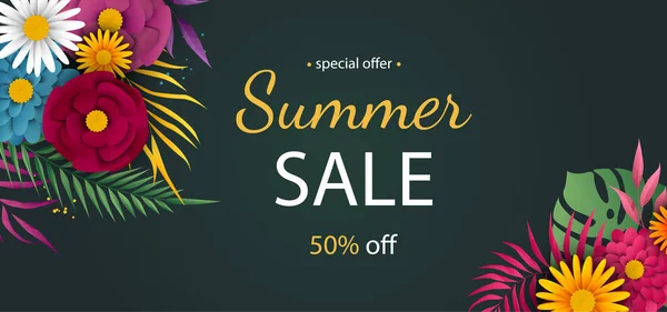 Banner de venta de verano con flores sobre un fondo verde. Banner para promociones, revistas, publicidad, sitios web . — Vector de stock