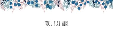 Horisontal botanik vektör tasarım pankartı. Tarzlanmış okaliptüs, sulu bitkiler, çiçekler, yeşillik. Doğal bahar kartı veya çerçeve.