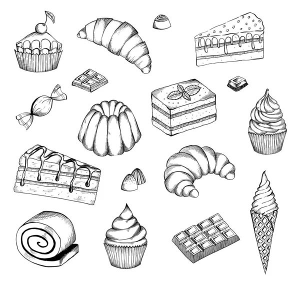 Handgetekende desserts vector set. Desserts bakkerij winkel vector banner template. Met de hand getrokken taarten broodje, ijs, chocolade en snoep. — Stockvector
