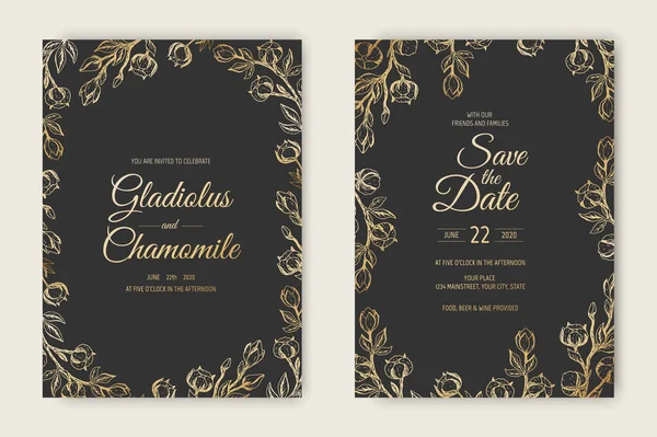 Conjunto de invitaciones de boda vectorial con flores de algodón. Diseño floral tierno romántico para la invitación a la boda, guardar la fecha y tarjetas de agradecimiento . — Vector de stock