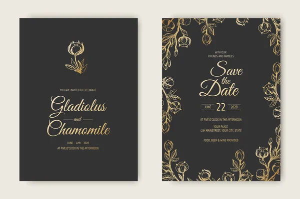 Conjunto de invitaciones de boda vectorial con flores de algodón. Diseño floral tierno romántico para la invitación a la boda, guardar la fecha y tarjetas de agradecimiento . — Vector de stock