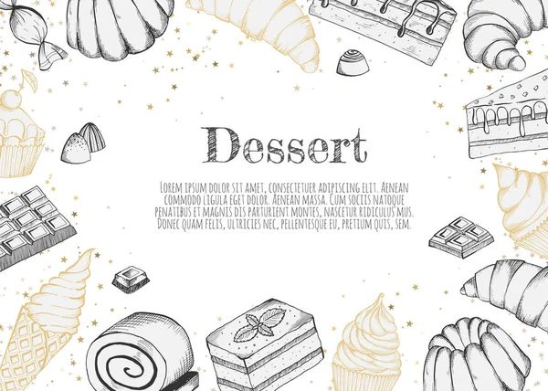 Desserts bakkerij winkel vector banner template. Met de hand getrokken taarten broodje, ijs, chocolade en snoep. — Stockvector