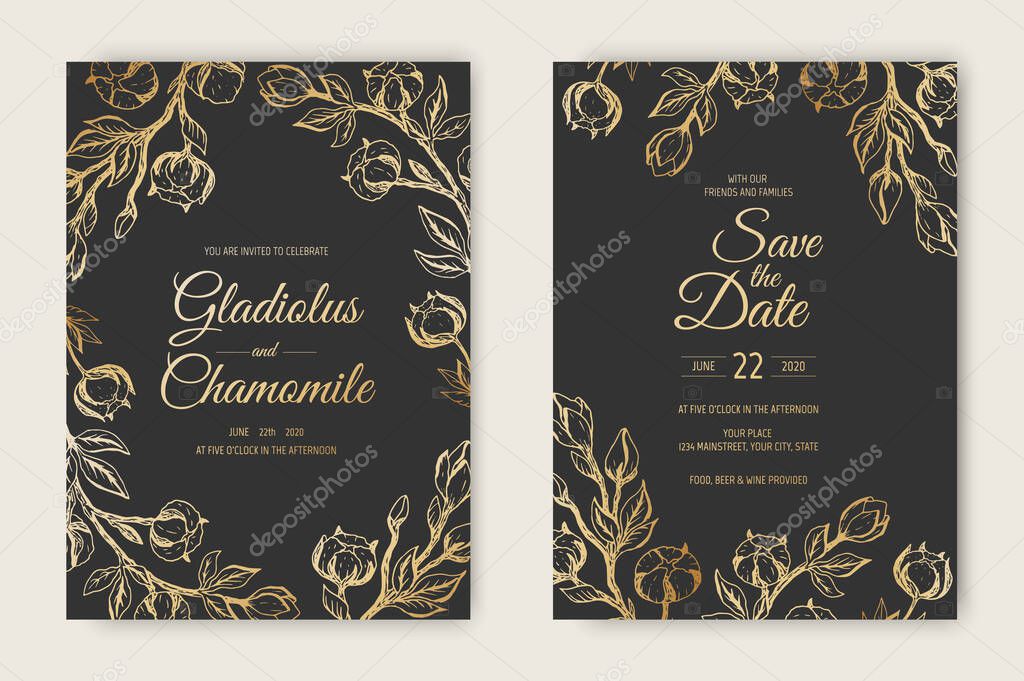 Vector wedding invitations set with cotton flowers. Romantic tender floral design for wedding invitation, save the date and thank you cards.