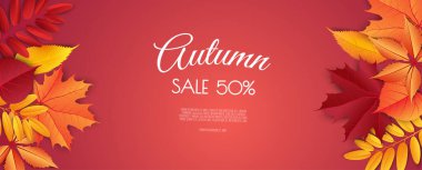 Sonbahar indirimi arka plan tasarımı alışveriş için yapraklarla dekore edilir. Broşür ya da web afişi. Vektör resimleme şablonu.
