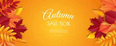 Sonbahar indirimi arka plan tasarımı alışveriş için yapraklarla dekore edilir. Broşür ya da web afişi. Vektör resimleme şablonu.